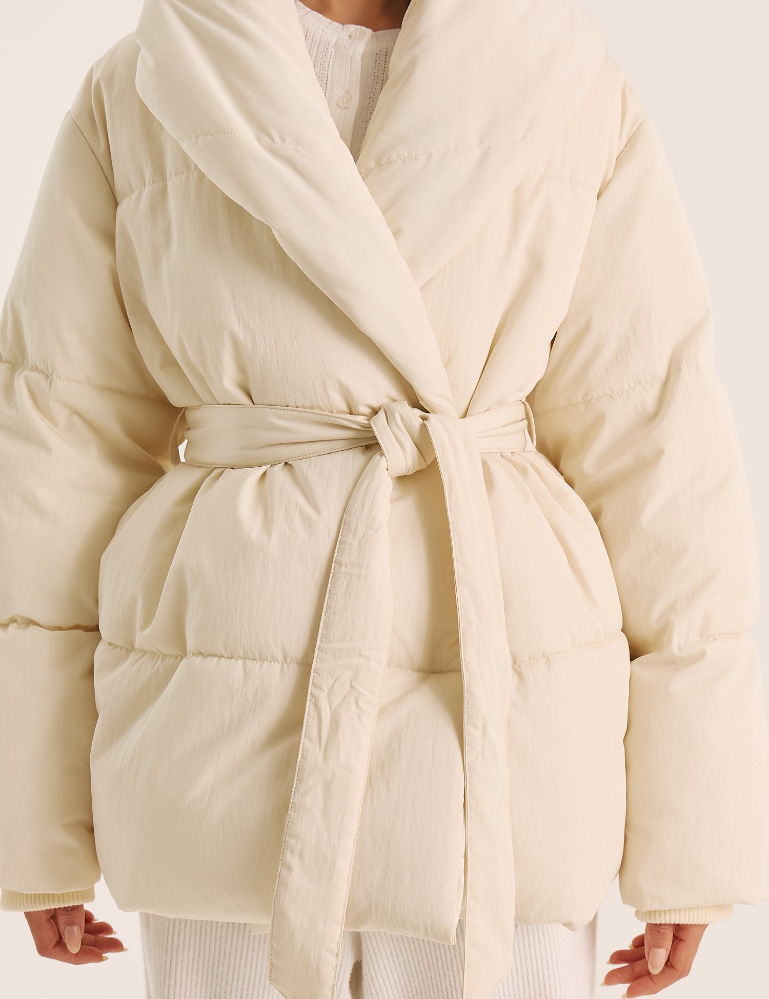 Cream Wrap Waist Belted Puffer Coat